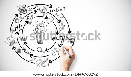 Creative hand drawn education sketch on light background. Knowledge and innovation concept 