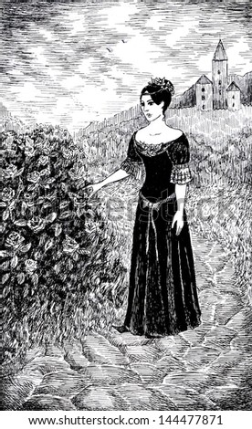 Black and white ink pen illustration of beautiful girl in garden near the rosy bush.