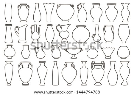 Outline vases and amphora collection, vector linear. Vase pottery, ancient pot greek illustration Royalty-Free Stock Photo #1444794788