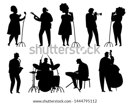Black silhouette jazz musicians, singer and drummer, pianist and saxophonist. Illustration of musical people, guitarist and drum