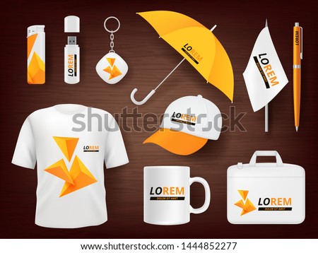 Identity. Business corporate souvenir promotion stationery items uniform badges packages pen lighter cap vector realistic mockup. Illustration of cup and t-shirt, mug and pencil, accessory items Royalty-Free Stock Photo #1444852277