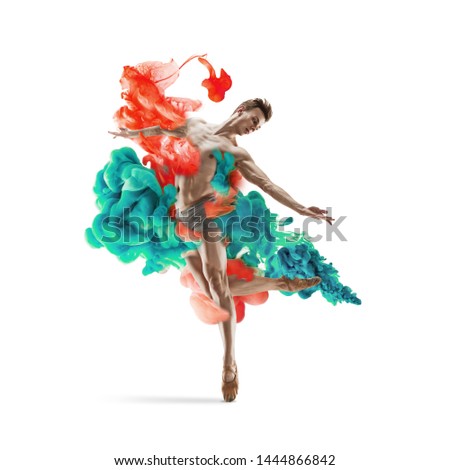 Abstract creative collage formed by color dissolving in water on white background. Bright combination of colors. Young dancer in clouds of smoke or dissolves. Graceful, flexibility and elegance.