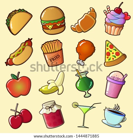 Vector Set Of Food And Drinks - Burger, Taco, Chicken Leg, Pizza, Fries, Hotdog, Croissant, Cupcake, Apple, Banana, Cherries, Jam Jar, Smoothie, Milk Cocktail, Martini And Coffee