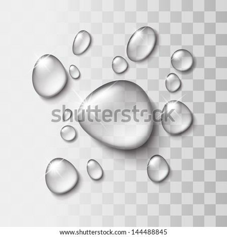 Transparent water drop on light gray background, vector illustration