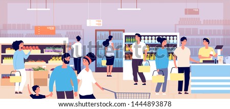 People in grocery store. Customers buying food in supermarket. Shopping customers choosing products. Consumerism vector concept. Interior of supermarket, buying food and drink illustration Royalty-Free Stock Photo #1444893878