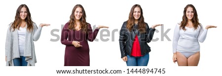 Collage of beautiful plus size woman over isolated background smiling cheerful presenting and pointing with palm of hand looking at the camera.