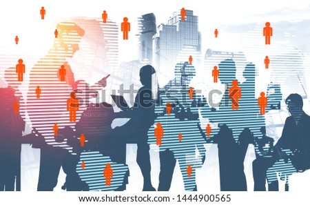 Business people working together with gadgets in city with double exposure of world map and people network icons. International company concept. Toned image. Elements of this image furnished by NASA