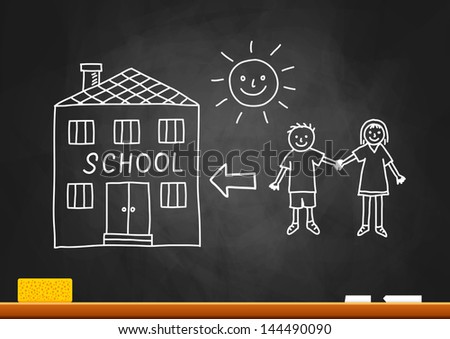 Children and school on blackboard