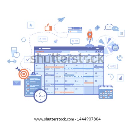 Planning Schedule Online web page interface planner, organizer, calendar, project plan with tasks and reminders. App, strategic, time management. Vector illustration on white background.  Royalty-Free Stock Photo #1444907804