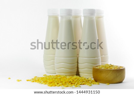 Home made of fresh Soy Milk (Soya) in plasstic bottles on white background