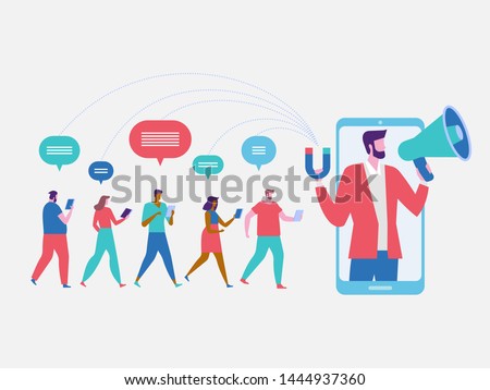 Influencer marketing. Potential product buyers or consumer products buyer, online engagement communication business or digital customer research process strategy illustration Royalty-Free Stock Photo #1444937360