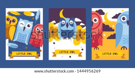 Owl birthday cards vector illustration. Cute cartoon wise birds with wings of different color for invitations and celebration party. Feathers and flowers. Night sky with moon.