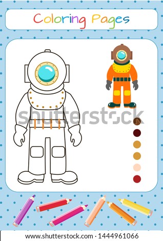 Funny diver. Educational game for children. Copy the picture. Coloring book. Cartoon vector illustration