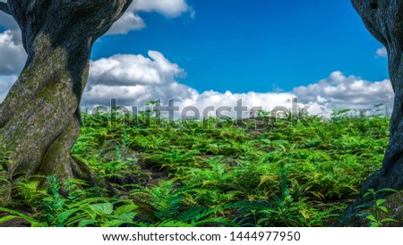 Tropical jungle plants mountain against blue sky & white clouds