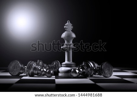 Black pawn chess piece defeated by white king chess piece on the chessboard