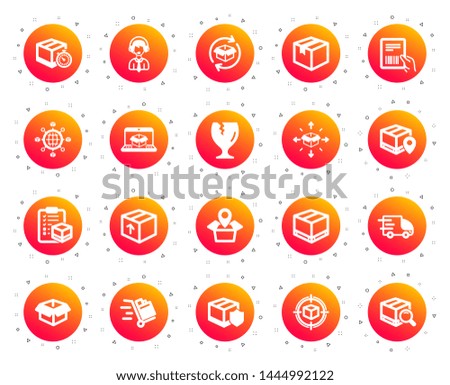 Logistics, Shipping document icons. Set of Truck Delivery, Box and Checklist icons. Parcel tracking shipping, World trade logistics. Location pin, Goods parcel insurance and document. Vector