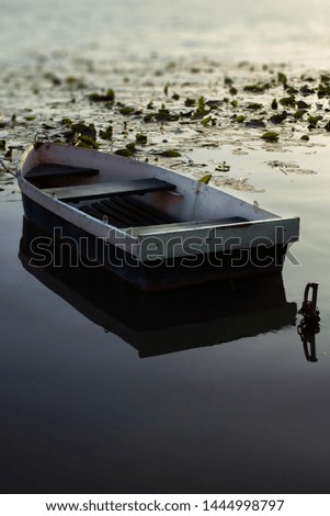 Romantic picture, boat on the water. The sun comes on, the water lilies on the lake.
