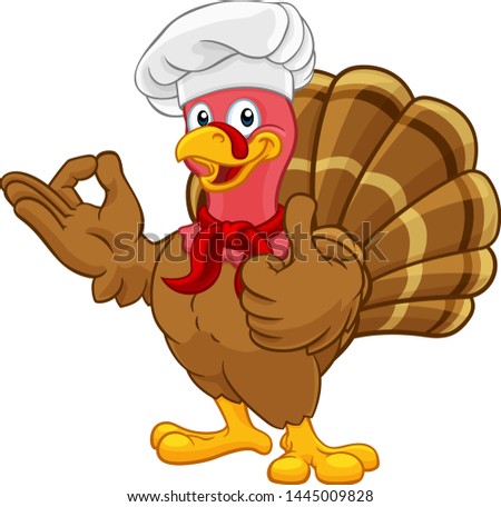 Chef Turkey Thanksgiving or Christmas bird animal cartoon character. Wearing a chefs hat and doing a perfect or okay sign with one hand and a thumbs up with the other