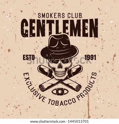 Gentlemen smokers club vector vintage emblem with skull in hat and two crossed cigars