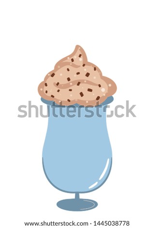 Illustration of milkshake with ice cream and chocolate. Perfect for poster, card, icon, cafe. Flat design.