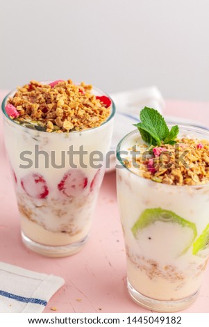 Homemade healthy yogurt with muesli and blueberries