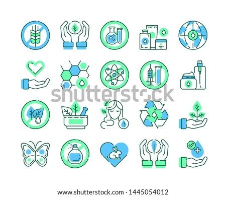 Organic cosmetic line color icons set. Labels for natural cosmetic product sign. Not tested on animals, paraben free, gluten free, GMO free. Beauty industry. Pictogram for web page, mobile app, promo.
