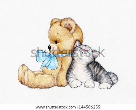 Teddy bear with cute kitten