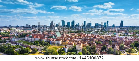 Aerial panorama of Warsaw, Poland  over the Vistual river and City center in a distance Royalty-Free Stock Photo #1445100872