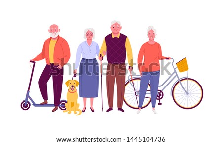 Active senior citizens. Vector illustration of smiling adult men and women with bicycle, electric scooter, dog and nordic walking sticks. Isolated on white. Royalty-Free Stock Photo #1445104736