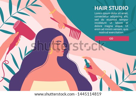 Hair and beauty salon banner, flyer, voucher. Hairdressers with professional tools care about long woman's hair and hairstyle on the abstract background. Royalty-Free Stock Photo #1445114819