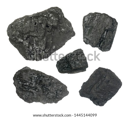 Natural black hard coal or diamond coal isolated on white background. Best grade of metallurgical anthracite coals often referred to as stone coal and black diamond coal Royalty-Free Stock Photo #1445144099