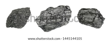Natural black hard coal or diamond coal isolated on white background. Best grade of metallurgical anthracite coals often referred to as stone coal and black diamond coal Royalty-Free Stock Photo #1445144105
