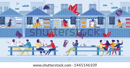 People Visiting Food Court for Buying Food. Pizza, Bakery, Drinks Kiosks Offer Different Meals, Family Spare Time, Weekend, Hospitality. Characters in Fast Food Cafe, Cartoon Flat Vector Illustration