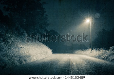 A spooky country road at night. With a single street light, lighting up the night. With a dark, grunge, vintage edit