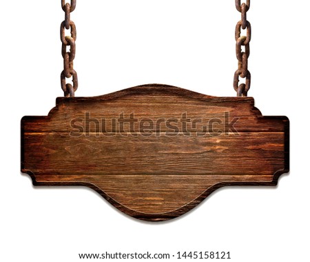 wooden dark plate hanging on chains isolated on white background