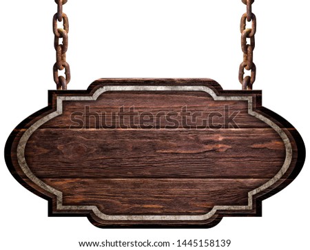 dark plate with metal strip hanging on chains isolated on white background