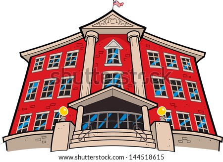 Large Imposing Red Brick School Building with American Flag