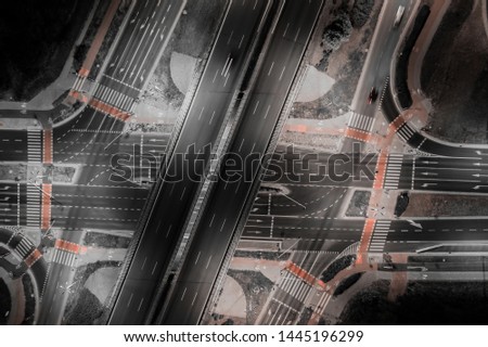 Road beautiful Aerial View of Busy Intersection , top view , Europe at night