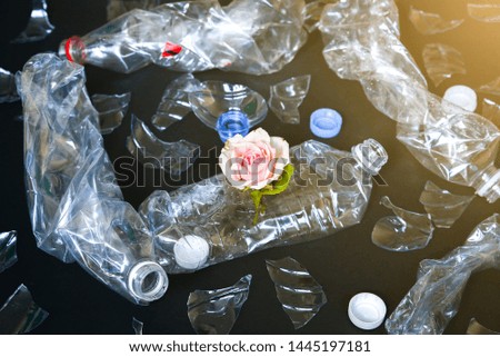 Plastic bottles lying in the pile with a flower. Environmental pollution. Ecological disaster. Recycling problem.