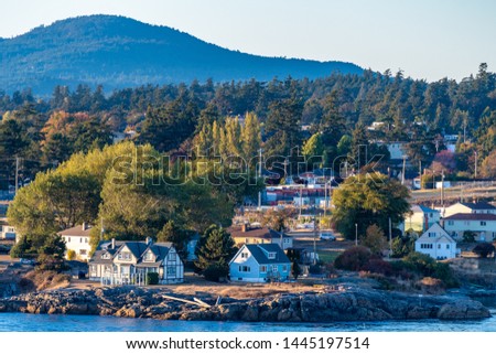 Aerial view of coastal landscape, houses/homes in residential location by the sea and mountains on waterfront ocean water harbour bay, in Victoria, Canada with autumn/ autumnal color plants and trees.
