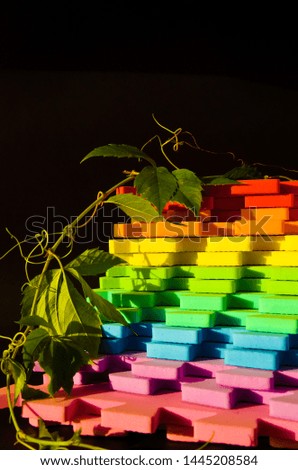 Rainbow stripes, steps with leaves, futurism abstraction on a black background