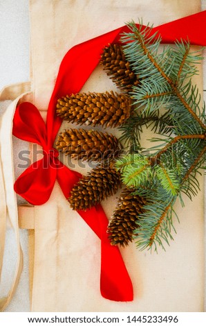 New Year 2020. Christmas decorations, red ribbon and bows, Christmas frame, Christmas on a white background.