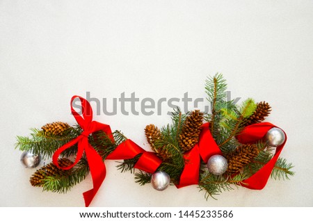 New Year 2020. Christmas decorations, red ribbon and bows, Christmas frame, Christmas on a white background.