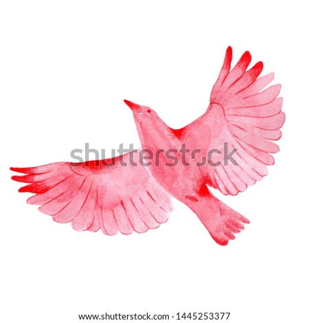 Flying bird in cartoon style. Hand drawn watercolor illustration of red dove. Element for logo, label, packaging. Symbol of freedom and hope.