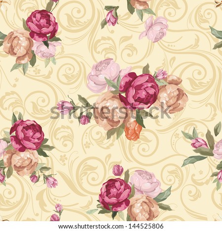 Elegant Seamless floral pattern with rose flowers. Color peony pattern on abstract background, vector illustration