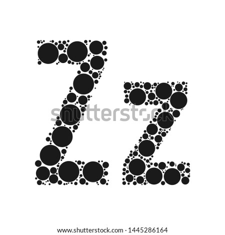 Letters of the English alphabet lined with black mosaics of circles