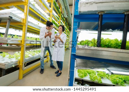 Walking in greenhouse. Man and woman wearing uniform walking in greenhouse while discussing greens