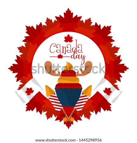Canada day label with a cupcake with moose horns, firework rockets and flags - Vector