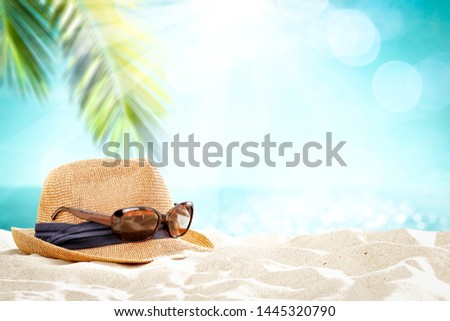 Summer background of beach and warm yellow sand. Sea landscape and coconut palm 