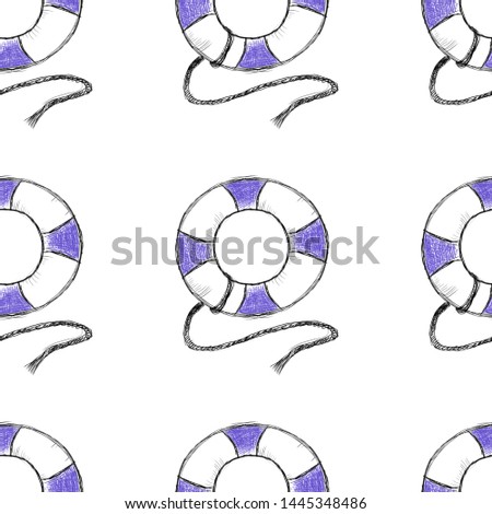 Summer sea doodle blue lifebuoy seamless pattern on white background